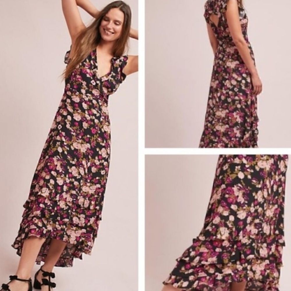 PLENTY BY TRACY REESE DAPPLED ROSES FLOUNCED TIERED MIDI DRESS SMALL NWT NEW